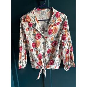 Kaktus Womens Floral Tie Front Top Button Down Puff Sleeve Blouse White Pink S